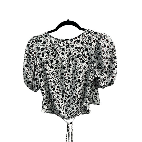 Zara Floral Print Wrap Top Black/White/Red Small - Picture 2 of 4